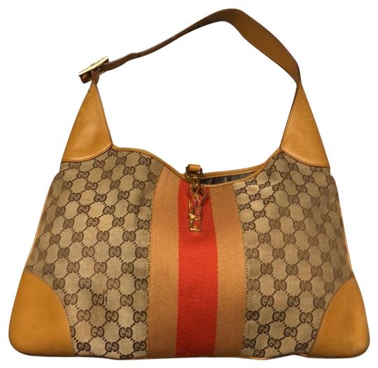 Gucci Jackie Monogram Canvas Brown Mustard Calfskin Leather Hobo Bag Ezflashsale